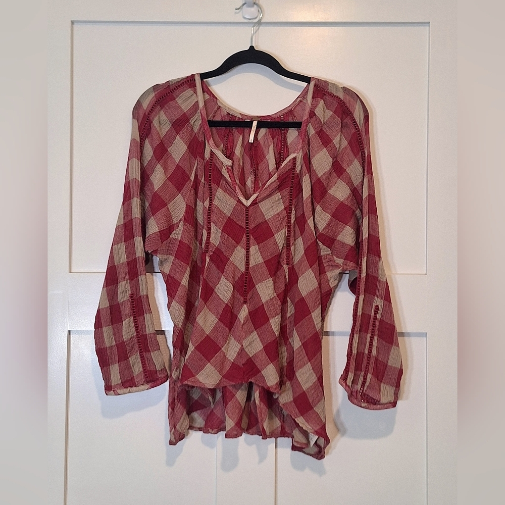 Free People Checkered Lace Peasant Blouse Cotton Red Tan Oversized Size Small